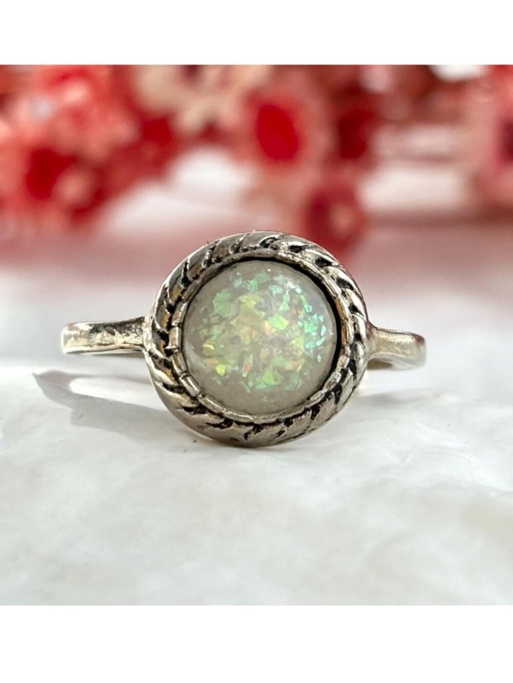 Opal Gemstone Solitaire Cabochon Sterling Silver 925 Vintage Ring - sz 5.25